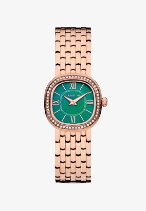 Orologio Cerruti 1881 con quadrante verde, bracciale in metallo color oro rosa e una lunetta impreziosita con pietre trasparenti. Indicatori delle ore in numeri romani.