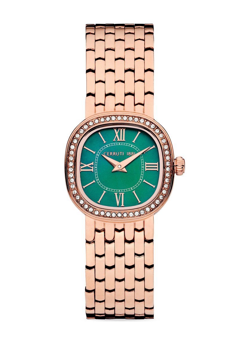 Cerruti 1881 pulkstenis ar zaļu ciparnīcu, rožu zelta tonī metāla siksniņu un ar skaidrām akmeņiem iestiprinātu rāmīti. Romiešu cipari stundas atzīmēm.