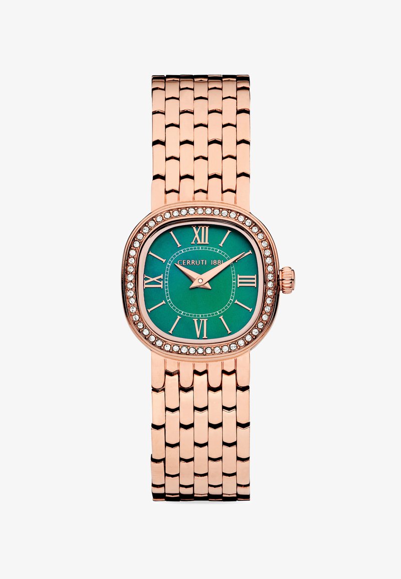 Cerruti 1881 pulkstenis ar zaļu ciparnīcu, rožu zelta tonī metāla siksniņu un ar skaidrām akmeņiem iestiprinātu rāmīti. Romiešu cipari stundas atzīmēm.