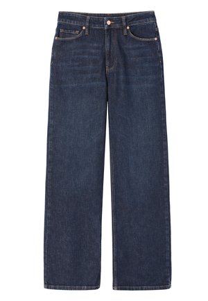 Jeans in denim blu scuro a gamba larga con vita media, cinque tasche, cuciture a contrasto e dettagli metallici come bottoni e rivetti.