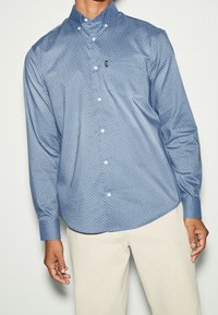 Blauwe gestreepte overhemd met kraag, gemaakt van geweven stof, met lange mouwen en een klein logo op de borst.