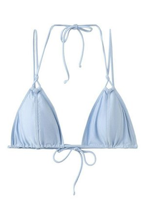 Svetlomodrý trojuholníkový vrchný diel bikín s nastaviteľným viazaním za krk a na chrbte, vyrobený z hladkej látky.