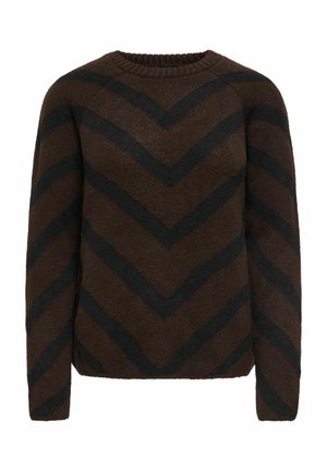 Pull en maille marron avec des rayures chevrons noires formant un motif en V sur le devant et les manches, avec un col rond et des manches longues.