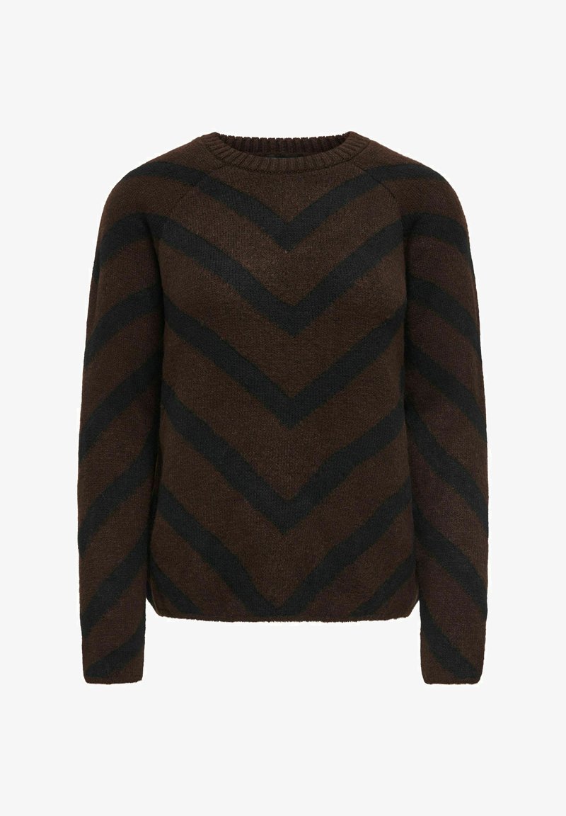 Pull en maille marron avec des rayures chevrons noires formant un motif en V sur le devant et les manches, avec un col rond et des manches longues.
