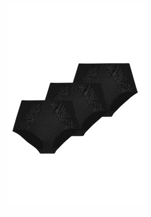 Set di biancheria intima alta nera con dettagli in pizzo e motivo a pois, realizzato in materiale morbido e elasticizzato. Include tre paia.