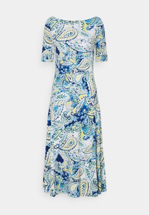 Sukienka midi w nadruk paisley w kwiatowy wzór, z rękawami sięgającymi łokci oraz dopasowanym gorsetem w kolorach niebieskim, zielonym, żółtym i białym.