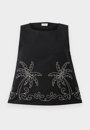 Top senza maniche di colore nero con scollo rotondo, caratterizzato da palme ricamate in bianco e motivi decorativi lungo l'orlo.