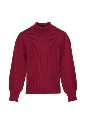 Suéter de cuello alto rojo acanalado con mangas largas y abullonadas, y dobladillo ajustado. Hecho de material de punto, presenta rayas verticales para dar textura.