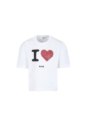 T-shirt bianca in cotone con maniche corte caratterizzata da un motivo con una "I" nera e un cuore rosso. Include la stampa "MSGM" in nero nella parte inferiore.