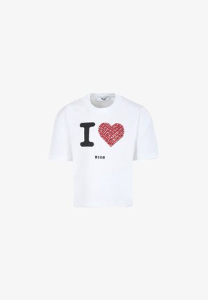 T-shirt bianca in cotone con maniche corte caratterizzata da un motivo con una "I" nera e un cuore rosso. Include la stampa "MSGM" in nero nella parte inferiore.