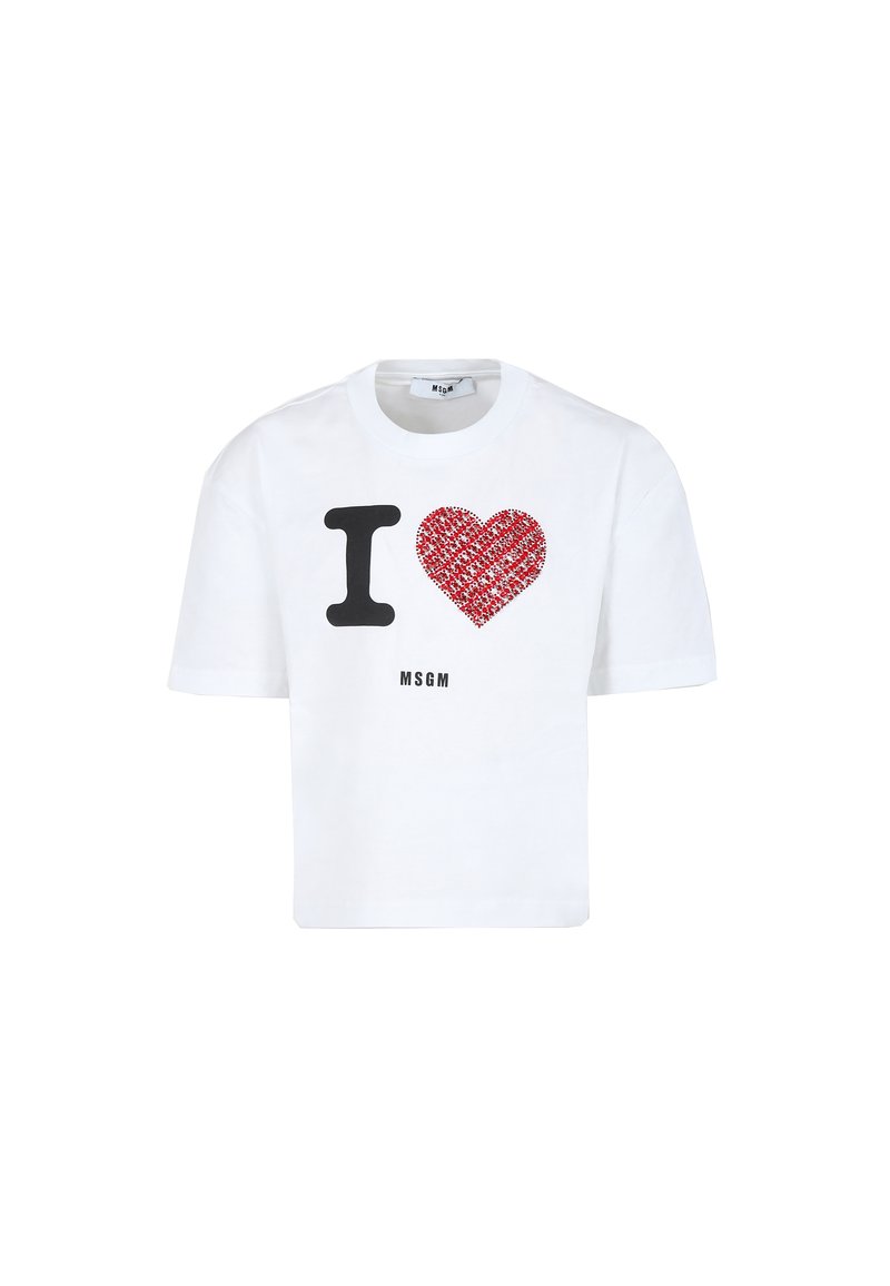 Witte katoenen T-shirt met korte mouwen, voorzien van een zwart "I" en een rood hartpatroon. Inclusief "MSGM" in zwart gedrukt aan de onderkant.
