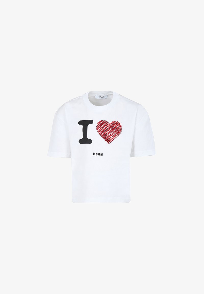 Witte katoenen T-shirt met korte mouwen, voorzien van een zwart "I" en een rood hartpatroon. Inclusief "MSGM" in zwart gedrukt aan de onderkant.