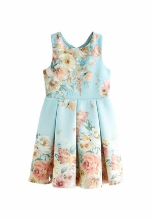 Ärmelloses, hellblaues Kleid mit tailliertem Oberteil und plissiertem Rock mit großen, weichen Pastell-Blumenmustern.