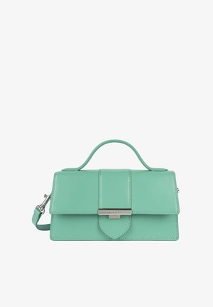 Borsa a mano in pelle verde menta con un design strutturato, manico superiore e tracolla staccabile. Presenta una chiusura in tonalità argento e dettagli di cucitura.