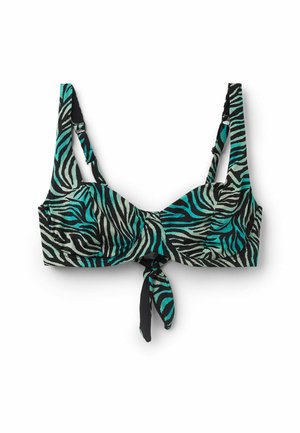 Czarna i turkusowa bikini górna część w wzór zebry z wiązaniem z przodu, regulowanymi ramiączkami i usztywnionymi miseczkami. Gładka tekstura materiału.