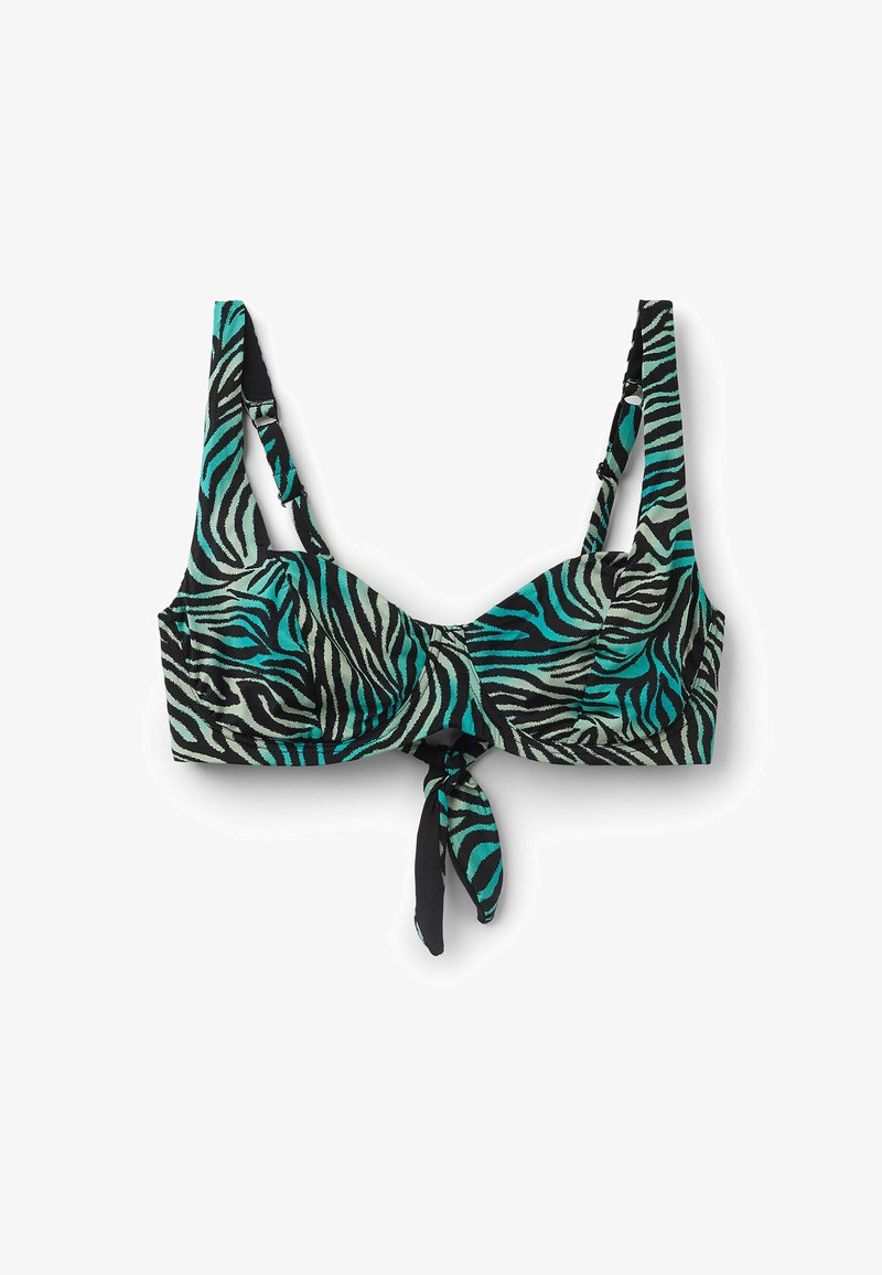 Haut de bikini à motifs zèbres noir et turquoise avec un nœud à l'avant, des bretelles ajustables et des bonnets structurés. Texture de tissu lisse.