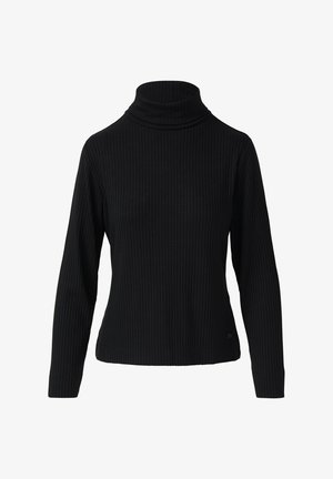 Schwarzer, langärmeliger, gerippter Rollkragenpullover mit engen Bündchen und einem kleinen, runden Logo nahe dem Saum auf weißem Hintergrund.