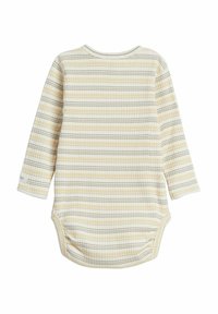 Bodysuit pour bébé à manches longues en tissu côtelé doux avec des rayures horizontales beige et jaune, doté d'un col rond et de fermetures à pression.