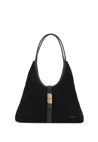 Zwarte suède handtas met een gebogen bovenkant, dubbele leren handvatten en een centrale goudkleurige sluiting. Voorzien van een in reliëf aangebracht merknaam in goud.