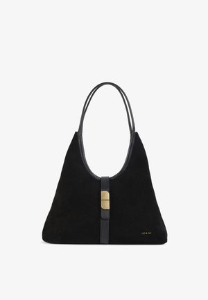 Sort ruskindshåndtaske med en buet top, to læderhåndtag og en central lås i guldfarve. Har indpræget mærkenavn i guld.