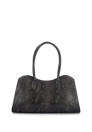 Schwarze Handtasche mit Schlangenlederstruktur, zwei Schulterriemen und einer gebogenen oberen Kante, vor weißem Hintergrund gezeigt.