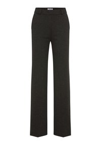 Schwarze Nadelstreifen-Hosen mit taillierter Passform, die ein gerades Beinprofil und einen glatten, strukturierten Stoff für zusätzlichen Tiefeneffekt aufweisen.