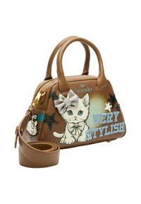 Borsa a tracolla in ecopelle marrone con un disegno di un gatto cartone animato, fiocco grigio, stelle glitterate e testo "VERY STYLISH". Include tracolla staccabile.