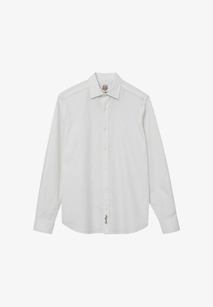 Witte lange mouw shirt van katoen met een klassieke kraag, knopen sluiting aan de voorkant en een klein geborduurd logo op de zoom. Gladde textuur.
