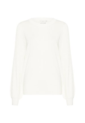 Pull en tricot blanc avec un col rond et des manches bouffantes texturées. Les poignets côtelés et l'ourlet offrent une structure à la coupe décontractée.