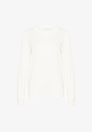 Weißer gestrickter Pullover mit Rundhalsausschnitt und strukturierten Puffärmeln. Rippbündchen und Saum sorgen für Struktur im lässigen Design.