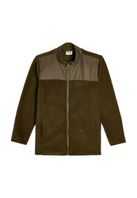 Polarowa kurtka w ciemnooliwkowym kolorze z jaśniejszym oliwkowym panelem na ramionach. Posiada stójkę i zamek błyskawiczny.