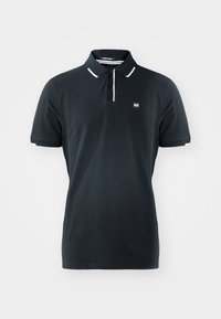 Sort polo T-shirt lavet af bomuld, med en klassisk krave, to-knap lukning og hvid detaljering på krave og ærmer.
