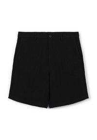 Pantaloni corti neri in tessuto morbido, con chiusura frontale a bottone, due tasche laterali e un orlo dritto.