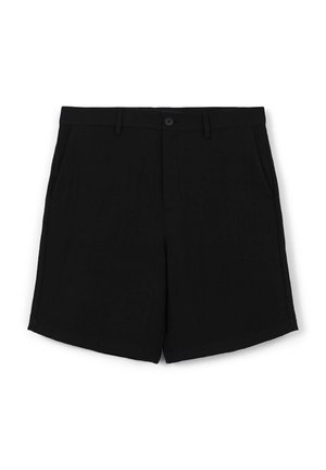 Schwarze Shorts aus glattem Stoff, mit einem vorderen Knopfverschluss, zwei seitlichen Taschen und einem geraden Saum.
