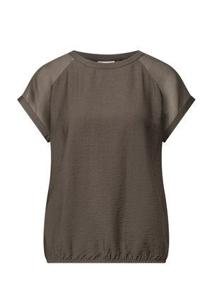 Haut vert olive foncé avec des manches courtes et transparentes, col rond et ourlet froncé. Fabriqué en tissu léger et légèrement texturé.