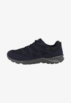 Navy mesh hiking shoe with a textured design, reinforced eyelets, and a gray rubber outsole for traction. Lightweight and breathable construction.
