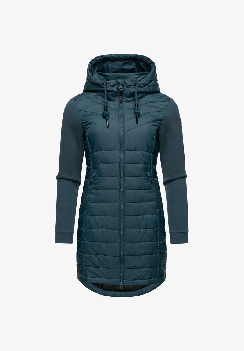 Dolga teal puffer jakna s kapuco, z zadrgo spredaj, stranskimi žepi in kombinacijo oblazinjenega in raztegljivega materiala za udobje.