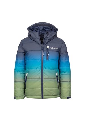 Kinder wattierte Jacke mit Kapuze, Farbverlauf von Dunkelblau oben zu Grün unten, Frontreißverschluss und Reißverschlusstaschen.