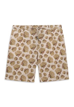 Beige Shorts mit einem durchgehenden Muster aus Zitronenscheiben und Blättern, mit einem Tunnelzug an der Taille und Seitentaschen.