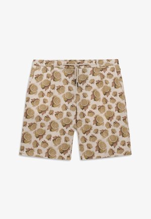 Beige Shorts mit einem durchgehenden Muster aus Zitronenscheiben und Blättern, mit einem Tunnelzug an der Taille und Seitentaschen.