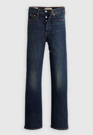 Sötétkék farmernadrág egyenes szárú kialakítással, öt zsebbel, gombos sliccel és enyhe koptatással a combnál. Klasszikus varrási részletek.