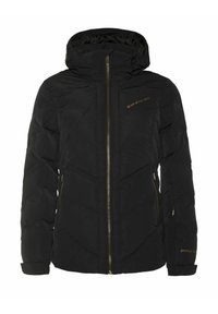 Giacca imbottita nera con cappuccio, zip dorate, tasche laterali e logo ricamato sul petto. Tessuto esterno liscio.
