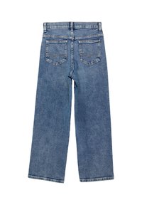 Blauwe denim wijde broek met hoge taille, twee achterzakken met decoratieve stiksels en een onafgebroken zoomafwerking.