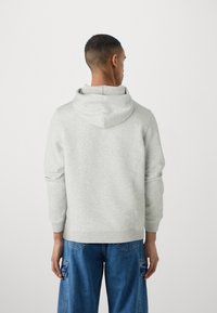 Sudadera gris claro con un corte relajado, capucha y puños acanalados. La vista trasera muestra una textura suave y sin gráficos ni patrones visibles.