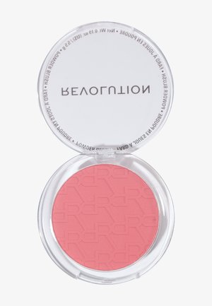 Ronde compacte doos met doorschijnend deksel, waarin roze geperst poeder te zien is met een reliëf van een herhalend logo patroon.