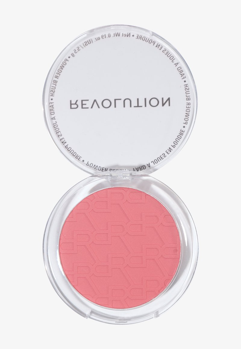 Étui rond et compact avec un couvercle translucide dévoilant une poudre pressée rose embossée d'un motif répétant le logo.