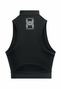 Czarny sportowy crop top z wysokim kołnierzem, odkrytymi plecami i białym logo na górnej części pleców. Wykonany z elastycznego materiału dla wygody.