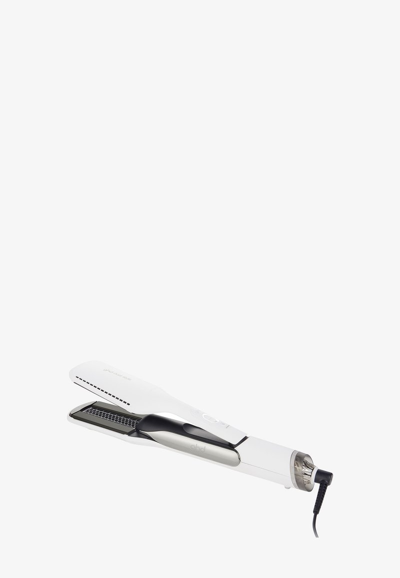 Lisseur de cheveux électrique noir et blanc avec des plaques de style nid d'abeille et un cordon attaché à l'extrémité.