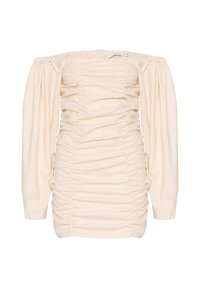 Rochie bej deschis, cu umerii la vedere, cu manșete lungi tip puff, având detalii de plisare colectată pe întreaga țesătură pentru textură și formă.