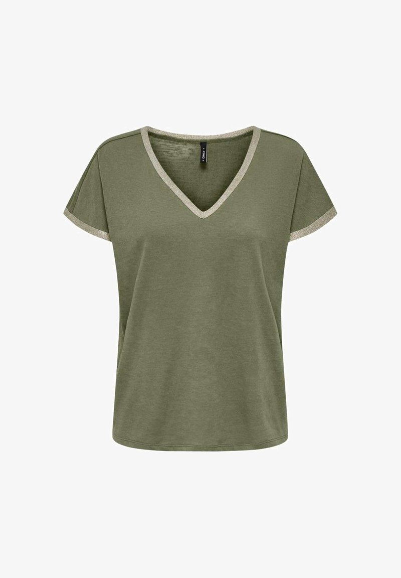 T-shirt vert olive à manches courtes avec col en V et bordure beige clair au niveau de l'encolure et des bords des manches, présenté sur fond blanc.